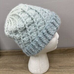 Handmade Women's New Ombré Light Blue Braided Virgin Wool Knit Winter Beanie M/L